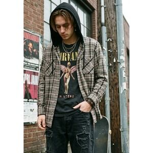 PacSun Hoodie Flannel Shirt Mens L Brown Black Plaid Button Up Hooded 90s Grunge